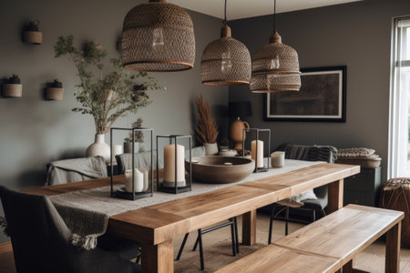 upcycled dining room with rustic farmhouse tables, metal lanterns and woven baskets, created with generative aiの素材