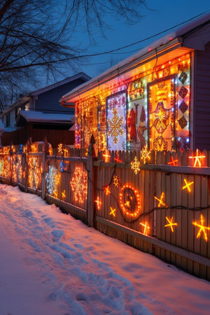 festive light display on a snow-covered fence, created with generative aiの素材