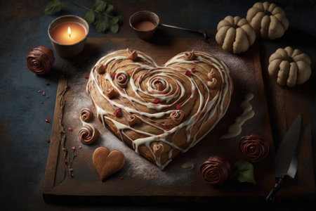 heart-shaped cinnamon roll, with icing drizzle, surrounded by string of heart cookie cutouts, created with generative aiの素材