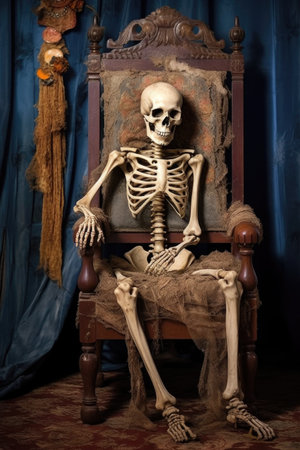 creepy life-size skeleton sitting in an antique chair, created with generative aiの素材