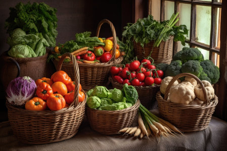 freshly harvested organic vegetables in rustic baskets, created with generative aiの素材