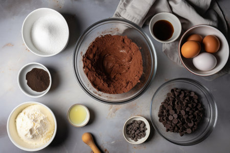 bowl of deconstructed chocolate cake, with separate ingredients and instructions for assembly, created with generative aiの素材