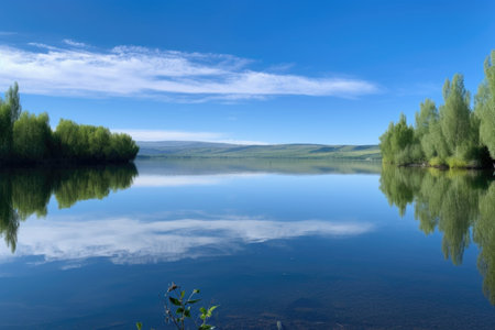 a lake with clear and calm waters, reflecting the blue sky, created with generative aiの素材