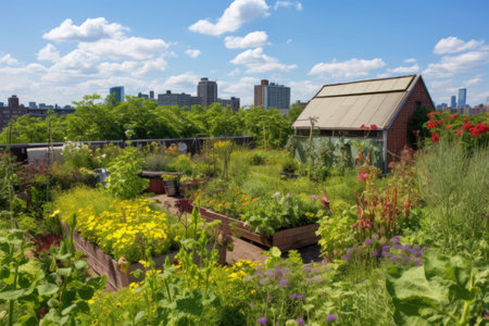green rooftop garden, filled with lush greenery, blooming flowers and a variety of plants, created with generative aiの素材