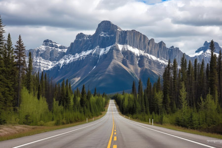 majestic mountain range, viewed from winding road with peaks and valleys visible, created with generative aiの素材