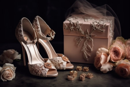 elegant footwear collection for wedding, with bridal shoes and accessories, created with generative aiの素材