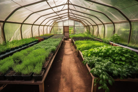 greenhouse with plants and herbs, ready for harvest, created with generative aiの素材