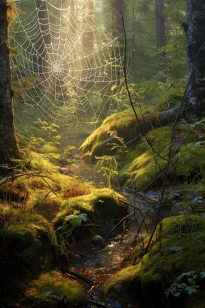 sunlit spiderweb glistening in a forest setting, created with generative aiの素材