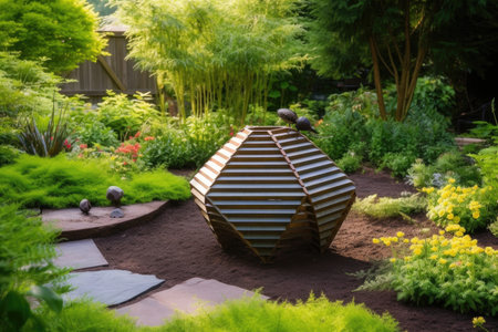 beehive-inspired geometric sculpture in a garden setting, created with generative aiの素材