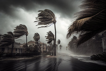 tropical cyclone with powerful winds and rain, bringing destruction to coastal city, created with generative aiの素材