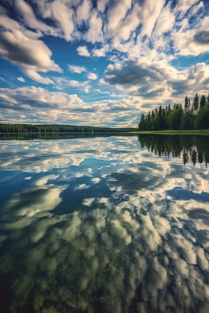 clouds reflecting in a calm lake surface, created with generative aiの素材
