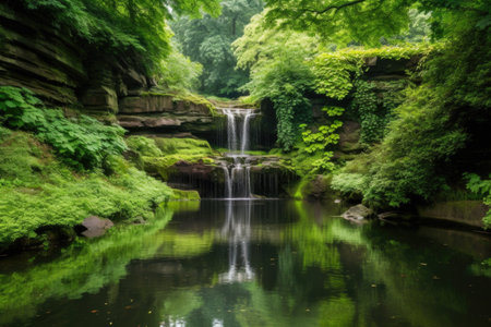 serene landscape with a waterfall, surrounded by greenery, created with generative aiの素材