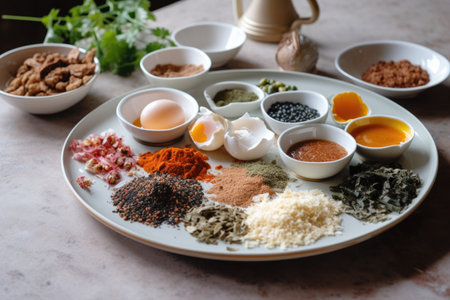 a plate of deconstructed breakfast, with individual ingredients and spices visible, created with generative aiの素材