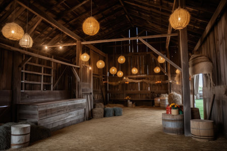 rustic barn with bales of hay and hanging lanterns, created with generative aiの素材
