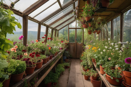 greenhouse with view of a picturesque garden, surrounded by blooming flowers and foliage, created with generative aiの素材