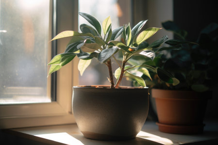 potted indoor plant on sunny windowsill, view of the outside world, created with generative aiの素材
