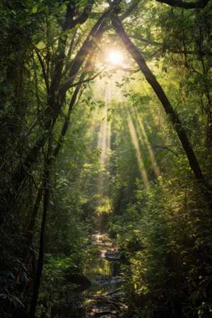 sunlight streaming through dense tree canopy, created with generative aiの素材
