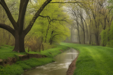 serene landscape with tree-lined path and babbling brook, created with generative aiの素材