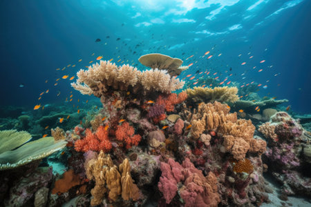tropical reef, with schools of fish swimming and multicolored coral, created with generative aiの素材