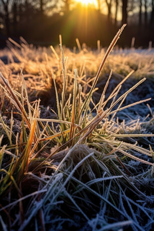 frost-covered grass glistening in sunlight, created with generative aiの素材