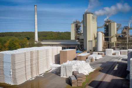 pulp and paper mill, with towering stacks of bleached and pressed sheets, created with generative aiの素材