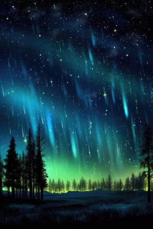night sky with stars and blue aurora, created with generative aiの素材