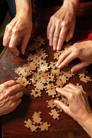 hands assembling a puzzle, symbolizing teamwork, created with generative aiの素材