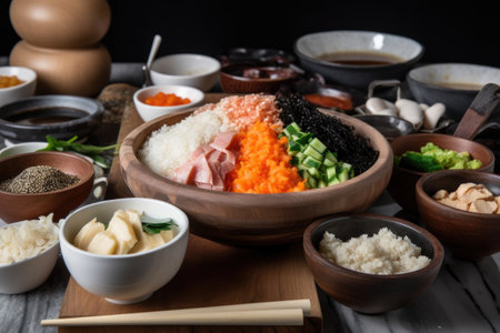 a bowl of deconstructed sushi roll, with ingredients and flavors on display, created with generative aiの素材