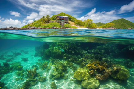 remote island with crystal-clear waters and colorful marine life, created with generative aiの素材
