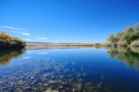 a lake with clear and calm waters, reflecting the blue sky, created with generative aiの素材