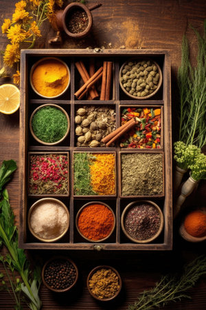 spices and herbs in a wooden box, top view, created with generative aiの素材