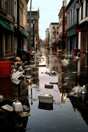 flooded streets with overturned trash cans, created with generative aiの素材