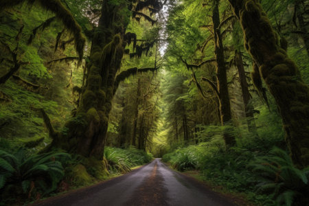 scenic road trip through ancient forest, with towering trees and cascading streams, created with generative aiの素材