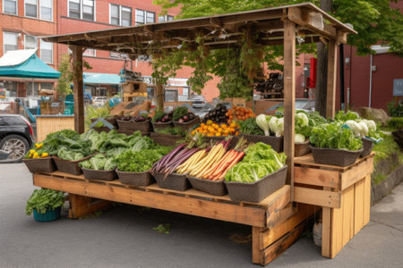 pop-up vegetable stand at a farmers market, with fresh produce and sweet treats, created with generative aiの素材