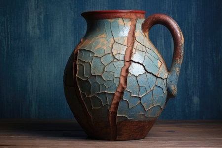 weathered pottery jug with cracks and patina, created with generative aiの素材