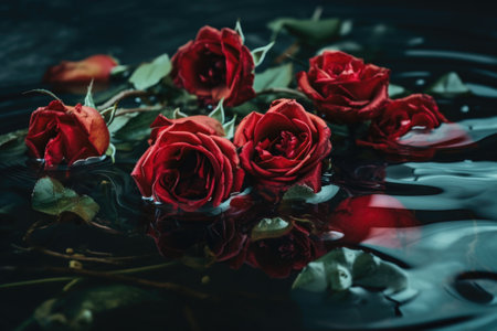 red rose bouquet floating in a pool of water, created with generative aiの素材
