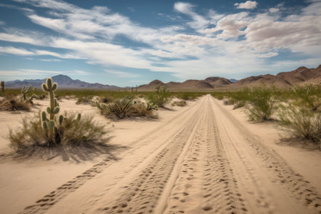 scenic road trip through the desert, with sand dunes and cacti in the background, created with generative aiの素材