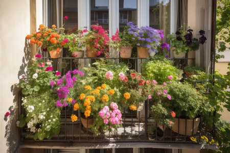 window garden overflowing with colorful blooms on sunny balcony, created with generative aiの素材