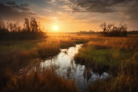 wetlands and marshes, with view of sun setting over the horizon, created with generative aiの素材