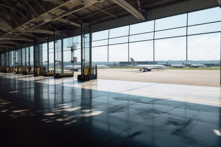 empty terminal, with view of the tarmac and airplanes waiting for their next flight, created with generative aiの素材
