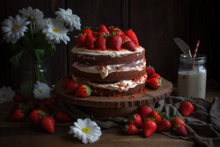 milk chocolate cake with vanilla frosting and fresh strawberries, created with generative aiの素材