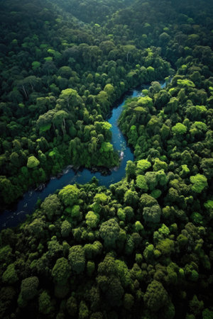 aerial view of lush green forests and rivers, created with generative aiの素材