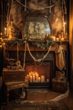 cozy fireplace with stockings and garlands, created with generative aiの素材