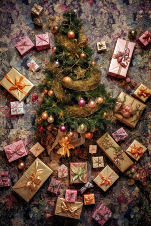 top view of christmas tree surrounded by wrapped gifts, created with generative aiの素材