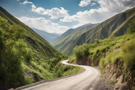 scenic road trip through the mountains with dramatic views and lush greenery, created with generative aiの素材