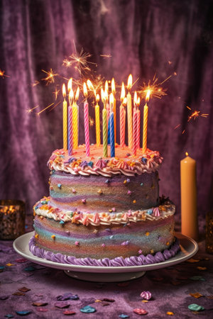 festive birthday cake with lit candles and sparklers, created with generative aiの素材