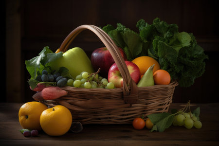 rustic basket of fresh fruits and vegetables, with a hint of nature, created with generative aiの素材