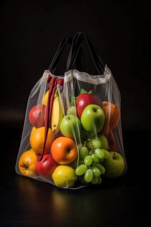 reusable shopping bag with fresh fruits inside, created with generative aiの素材