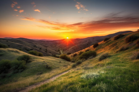 rolling hills, with the sun setting over the horizon, casting warm colors across the sky, created with generative aiの素材