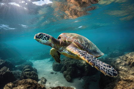 sea turtle swimming underwater, its flippers and shell glistening in the water, created with generative aiの素材